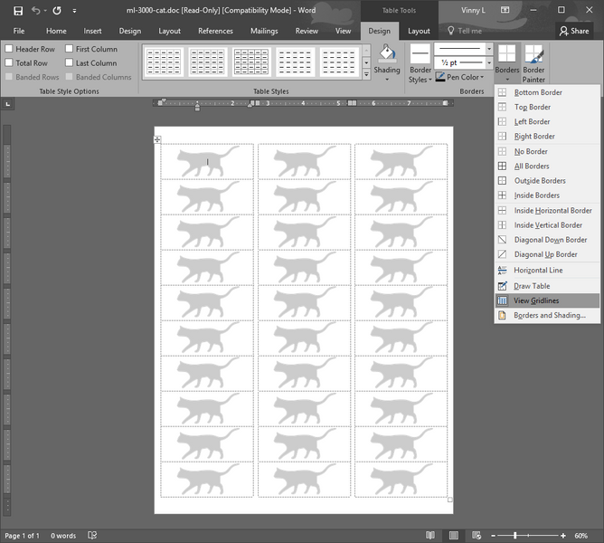 Viewing Microsoft Word Cell Grid lines -Seeing the Label Update